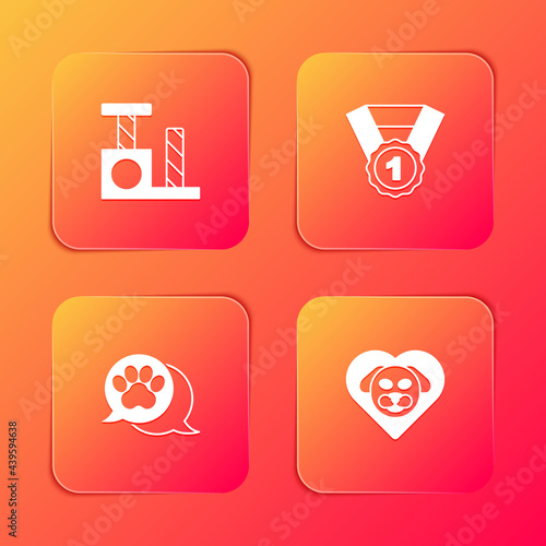 Set Cat scratching post, Dog award symbol, Paw print and Heart with dog icon. Vector