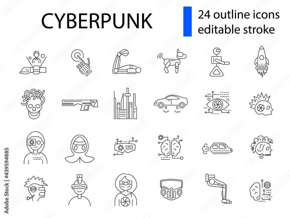 Cyberpunk outline icons set. Future with robot technology. Futuristic world concept
