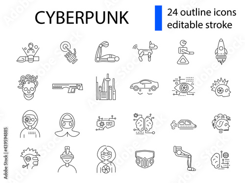 Cyberpunk outline icons set. Future with robot technology. Futuristic world concept