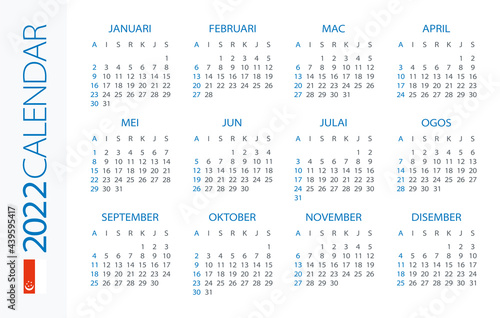 Calendar 2022 Horizontal - illustration. Singaporean version. 