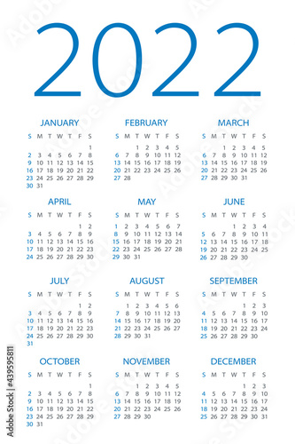 Calendar 2022 - illustration. Week starts on Sunday