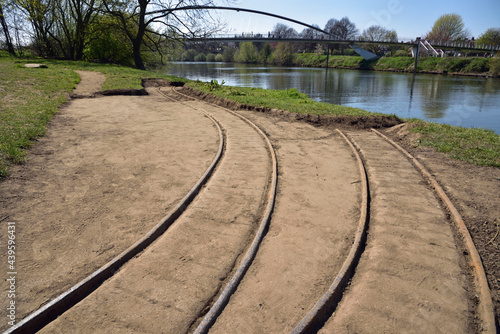Bend of 18 Inch narrow gauge military railway built in 1888 to supply army depot at Hospital Fields, York. Located at side of river Ouse the railway was horse worked and supplied by the Powder Boat.