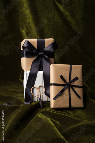 Holiday wrapped boxes and scissors photo