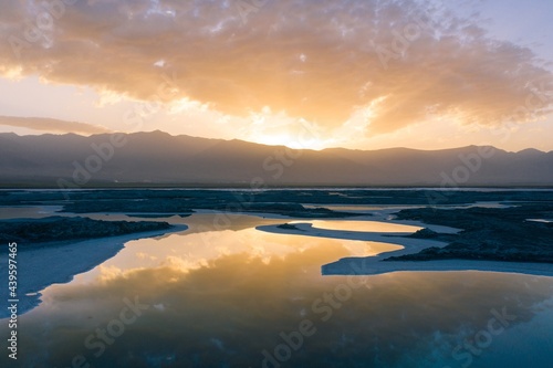 Beautiful sunrise over feicui lake in Qinghai province in China. photo