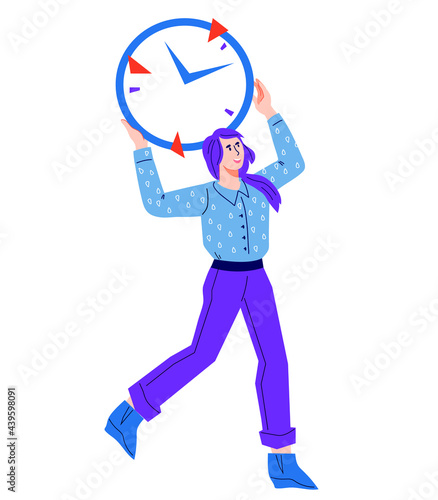 Cartoon business character for time management and work organization concept. Business woman holding watch above her head, flat vector illustration isolated on white background.