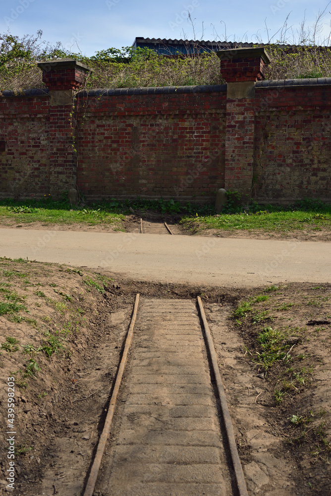 Obraz premium 18 Inch narrow gauge military railway built in 1888 to supply army depot at Hospital Fields, York. Located at side of river Ouse the railway was horse worked and supplied by the Powder Boat.