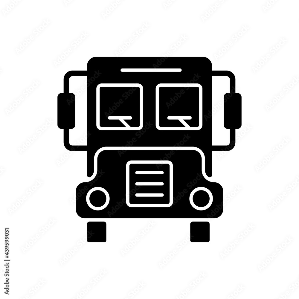 School bus black glyph icon. Transportation for students. Automobile to drive pupils. Transit for kids. Ride to public school. Silhouette symbol on white space. Vector isolated illustration School bus black glyph icon. Transportation for students. Automobile to drive pupils. Transit for kids. Ride to public school. Silhouette symbol on white space. Vector isolated illustration
