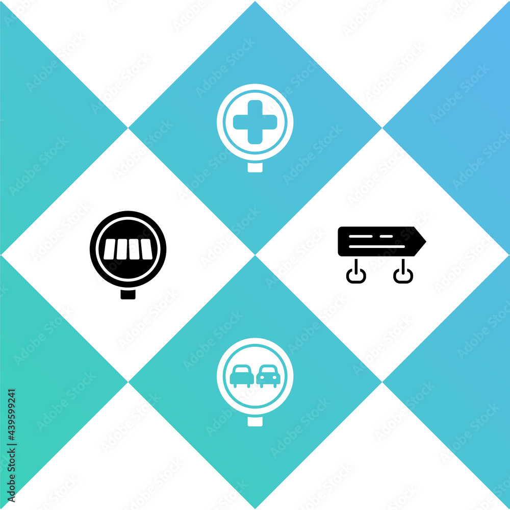 Set Pedestrian crosswalk, No overtaking road traffic, Hospital and Road sign icon. Vector Set Pedestrian crosswalk, No overtaking road traffic, Hospital and Road sign icon. Vector