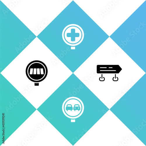 Set Pedestrian crosswalk, No overtaking road traffic, Hospital and Road sign icon. Vector