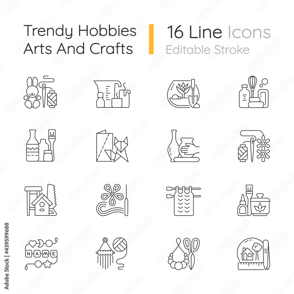 Trending hobbies linear icons set. Home business. Boho style. Craft activity. Creative reuse. Home decor. Customizable thin line contour symbols. Isolated vector outline illustrations. Editable stroke