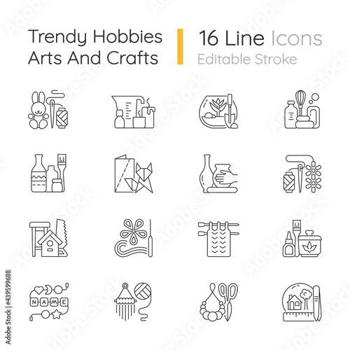 Trending hobbies linear icons set. Home business. Boho style. Craft activity. Creative reuse. Home decor. Customizable thin line contour symbols. Isolated vector outline illustrations. Editable stroke