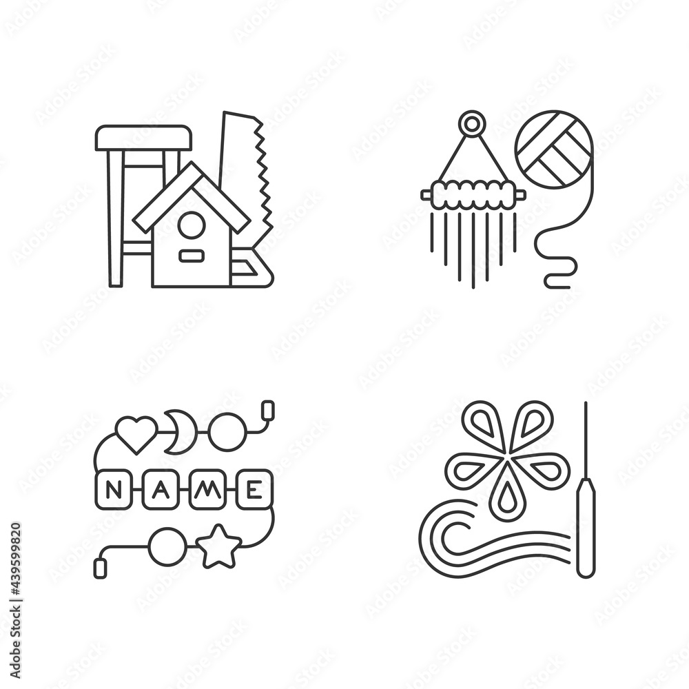 Creative activities linear icons set. Woodworking. Yarn wall hangings. Personalised teether chain. Customizable thin line contour symbols. Isolated vector outline illustrations. Editable stroke