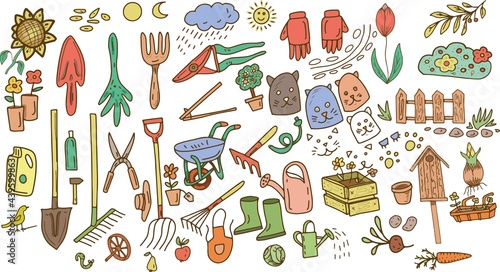 Gardening vegetable garden garden doodle set sketch, vector graphic hand drawn illustration. Print textile vintage clipart many elements separately on a white background harvest hobby growing plants
