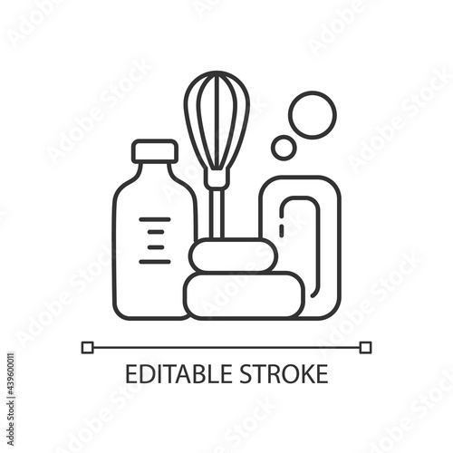 DIY soap linear icon. Natural and aromatic product. Melt-and-pour soap. Soapmaking supplies. Thin line customizable illustration. Contour symbol. Vector isolated outline drawing. Editable stroke
