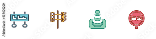 Set Road traffic sign, Traffic light, cone and No overtaking road icon. Vector