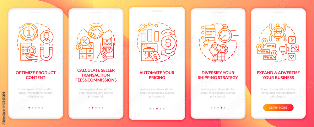 E-marketplace success onboarding mobile app page screen. Automate pricing walkthrough 5 steps graphic instructions with concepts. UI, UX, GUI vector template with linear color illustrations