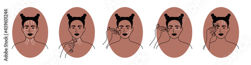 Vector icons set of facial massage by jade or quartz face roller. Young woman showing how to use massager by massage line. Skin care scheme, relaxing, anti aging lifting. Female portrait illustrations