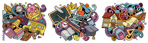 School cartoon vector doodle designs set.