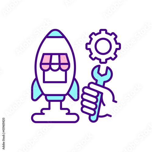 Online marketplace development and customization RGB color icon. Building platform. Isolated vector illustration. Website creation. Fast e-marketplace launching simple filled line drawing