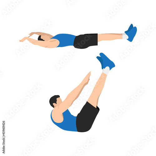 Man doing Jackknife sit ups. crunch. toe touches exercise. Flat vector illustration isolated on white background