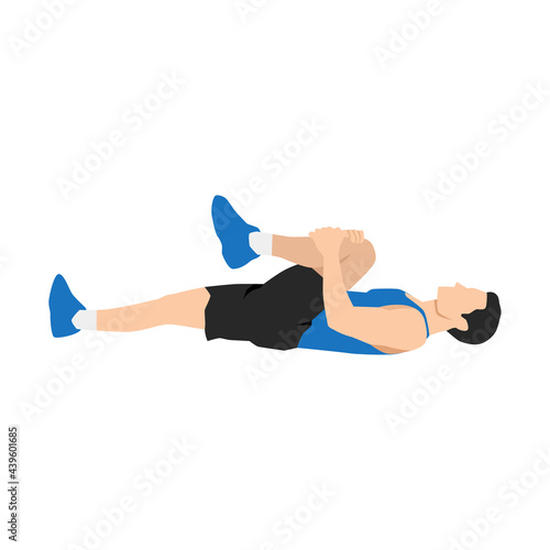 Man doing Knee to chest. lower back stretch exercise. Flat vector illustration isolated on white background