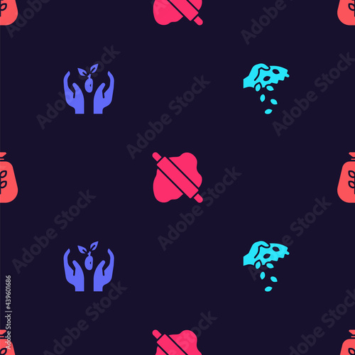 Set Seed  Plant in hand  Rolling pin on dough and Bag of flour on seamless pattern. Vector