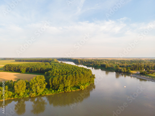 River with boats on the Tisza. Aerial photography. Concept for tourism and travel.