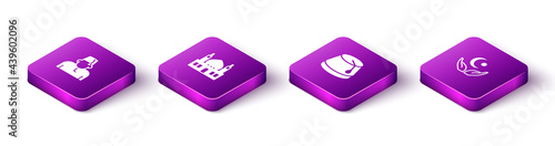 Set Isometric Muslim man, Mosque, Turkish hat and Star and crescent icon. Vector