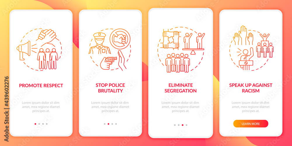 Fototapeta premium Denouncing racism onboarding mobile app page screen. Activism against injustice walkthrough 4 steps graphic instructions with concepts. UI, UX, GUI vector template with linear color illustrations