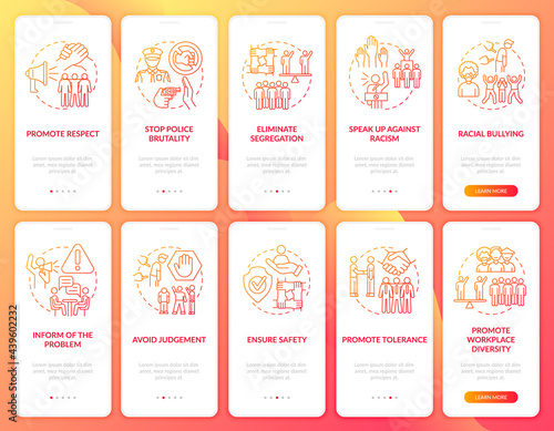 Fighting racial inequality onboarding mobile app page screens set. Support tolerance walkthrough 5 steps graphic instructions with concepts. UI, UX, GUI vector template with linear color illustrations