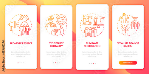 Denouncing racism onboarding mobile app page screen. Activism against injustice walkthrough 4 steps graphic instructions with concepts. UI, UX, GUI vector template with linear color illustrations