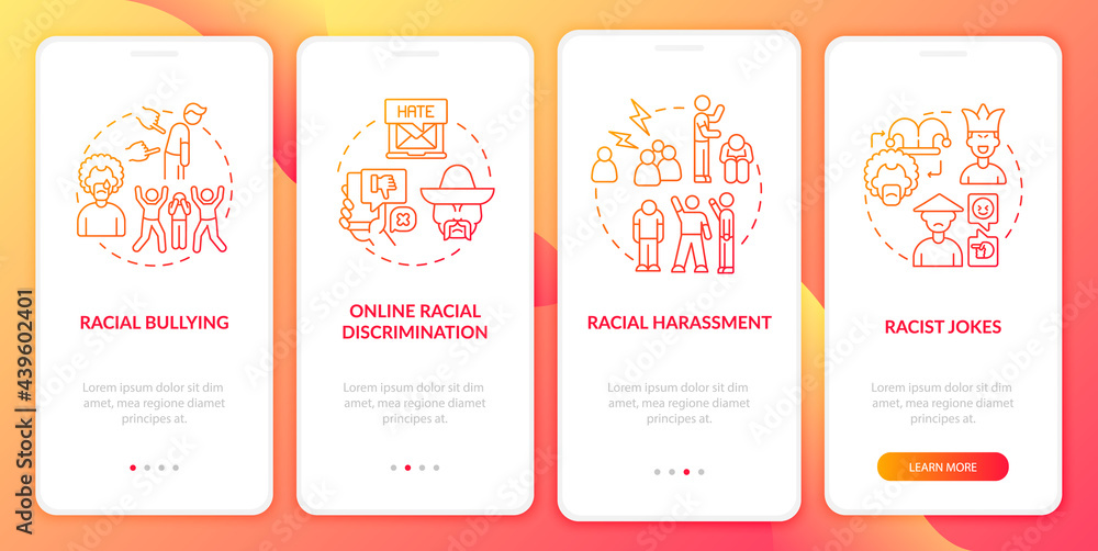 Ethnic inequality onboarding mobile app page screen. Racist jokes, cyberbullying walkthrough 4 steps graphic instructions with concepts. UI, UX, GUI vector template with linear color illustrations