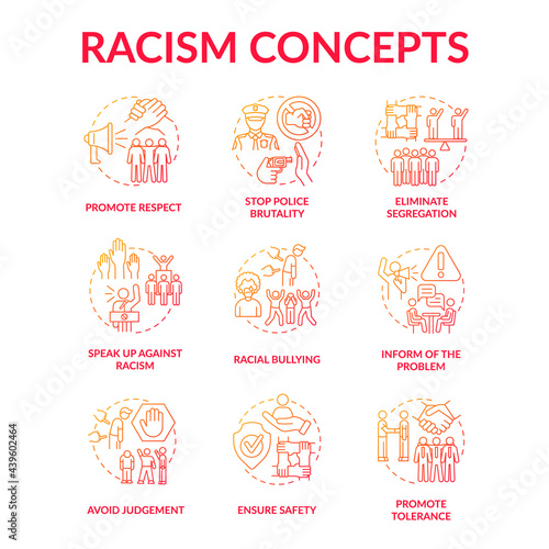 Racism concept icons set. Fighting racial discrimination and intolerance idea thin line color illustrations. Ensure safety. Tolerance promotion. Ethnic bullying. Vector isolated outline drawings © bsd studio