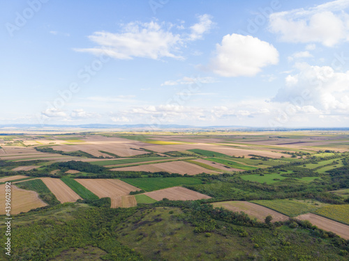 Fertile fields and blue sky in Serbia. Aerial photography. 