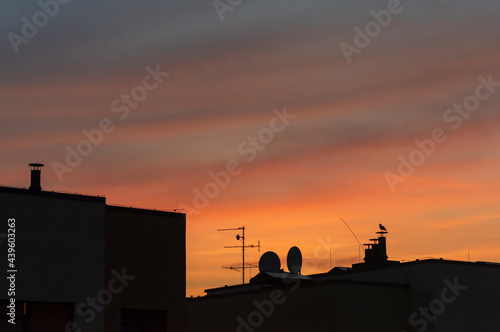 Colorful red and orange sunset over the city. Silhouettes of TV antennas and ventilation chimneys on the roofs and gull perched on the chimney
