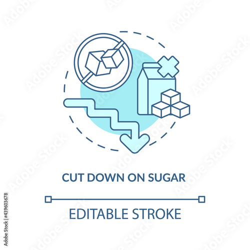 Cut down on sugar concept icon. Decrease amoun of sugar during day. Health issues. Not eating sweets abstract idea thin line illustration. Vector isolated outline color drawing. Editable stroke