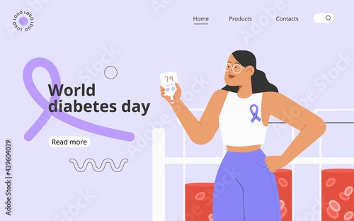 World diabetes day template. Female character checking blood sugar level using a blood glucose meter.