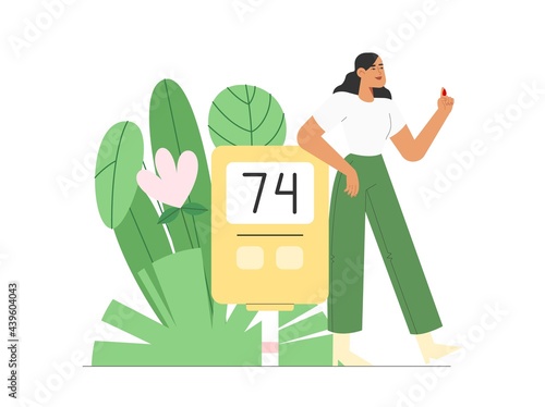 World diabetes day template. Female character checking blood sugar level using a blood glucose meter.