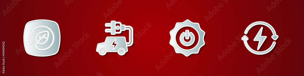 Set Location with leaf, Electric car, Power button and Recharging icon. Vector Set Location with leaf, Electric car, Power button and Recharging icon. Vector