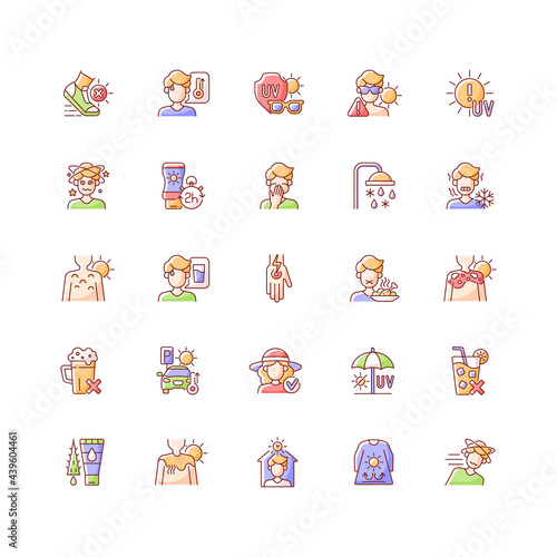 Sunburn and sunstroke prevention RGB color icons set. Sunblock for UV rays. Hot weather during summer. Isolated vector illustrations. Heatstroke symptoms simple filled line drawings collection
