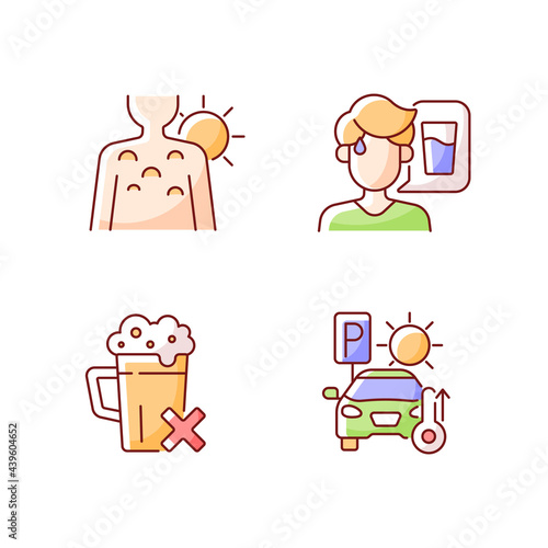 Sunstroke precaution RGB color icons set. Thirst as symptom of heatstroke. Avoid alcohol, staying in hot car. Isolated vector illustrations. Sunburn on skin simple filled line drawings collection