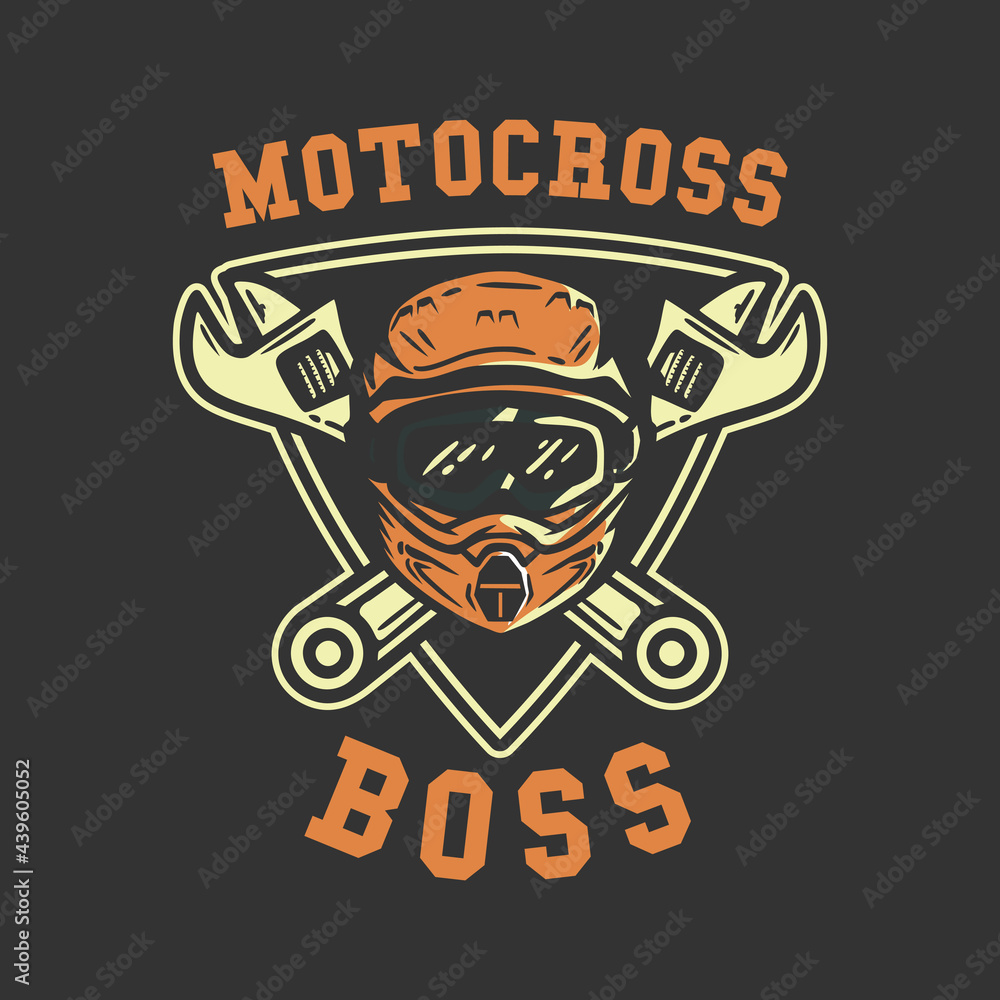 Obraz premium motocross logo design motocross boss with helmet and wrench vintage illustration