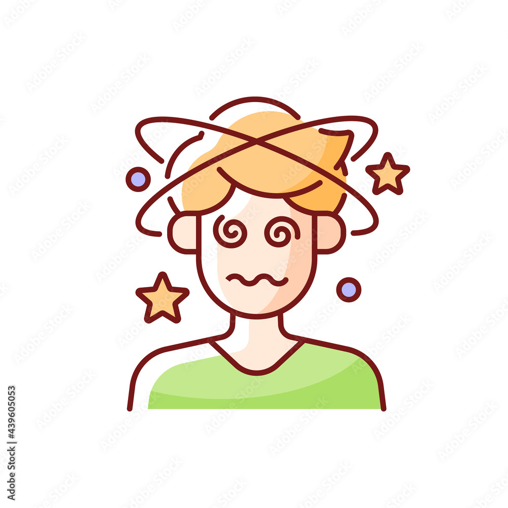Dizziness and confusion RGB color icon. Man with headache losing consciousness. Person with heat exhaustion symptom. Isolated vector illustration. Sun stroke simple filled line drawing