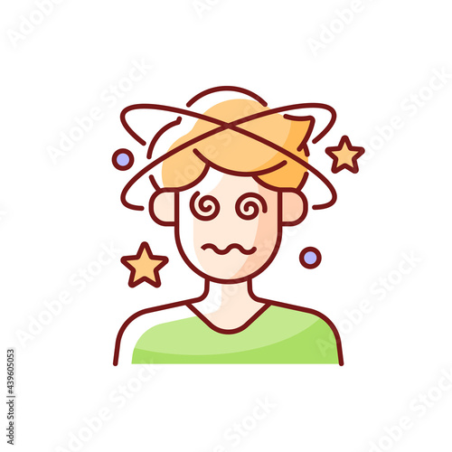 Dizziness and confusion RGB color icon. Man with headache losing consciousness. Person with heat exhaustion symptom. Isolated vector illustration. Sun stroke simple filled line drawing