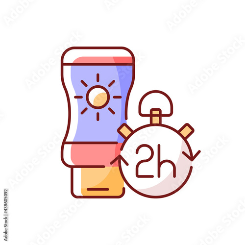 Apply sunscreen every 2 hours RGB color icon. Sunblock lotion application tip. Isolated vector illustration. Cream for sunburn prevention during summer heatwave simple filled line drawing