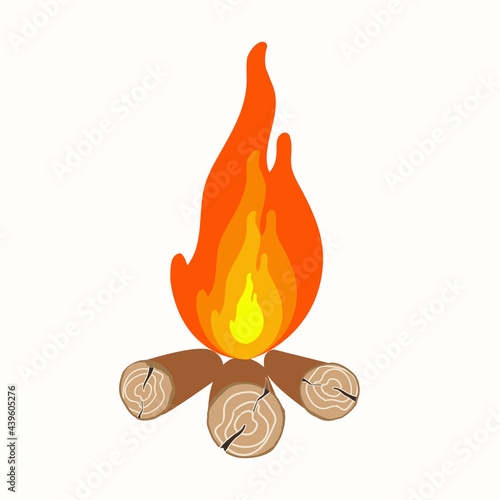 Realistic campfire on a white bon is isolated. Fire with burning wood. Vector natural phenomenon