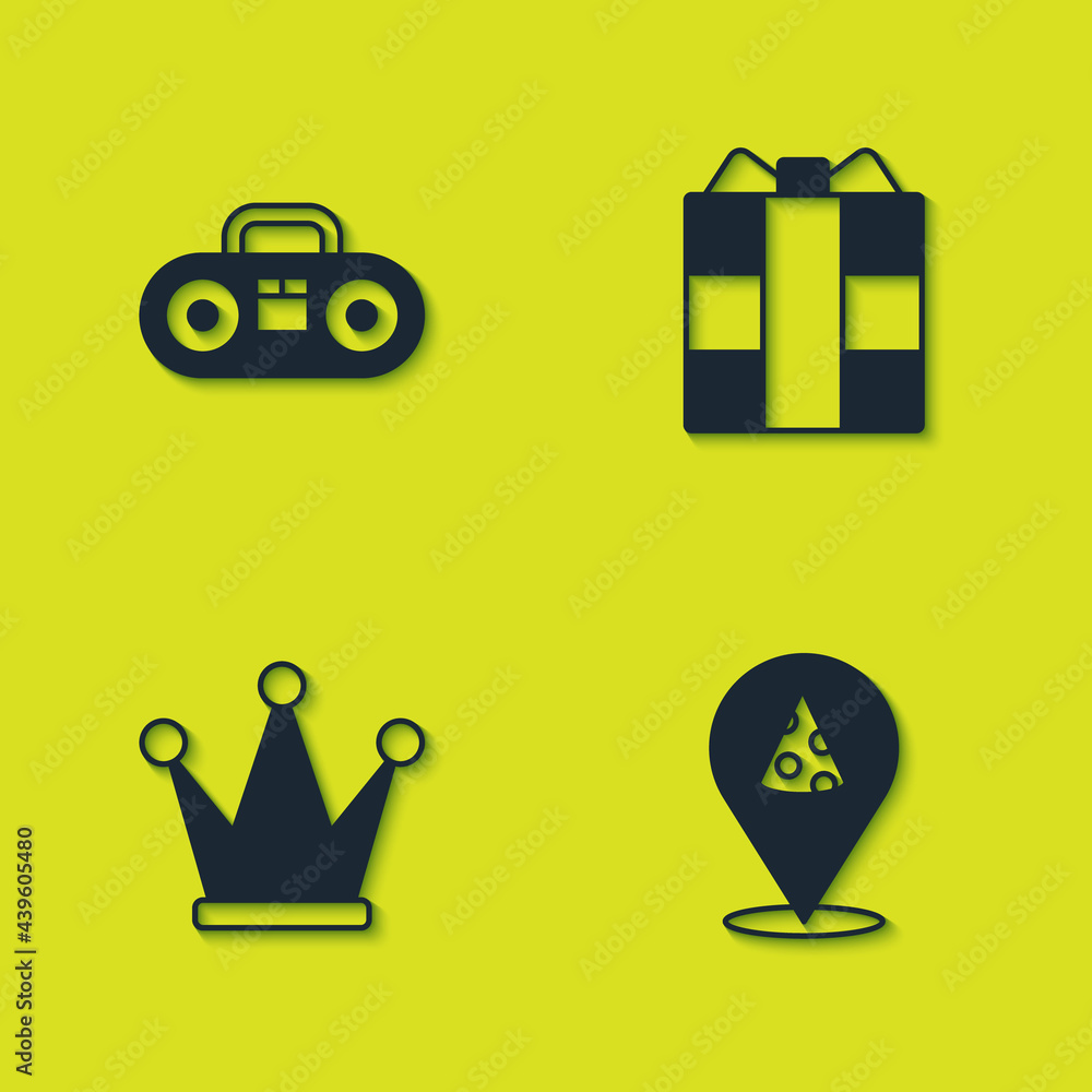 Set Home stereo with two speakers, Slice of pizza, Crown and Gift box icon. Vector Set Home stereo with two speakers, Slice of pizza, Crown and Gift box icon. Vector