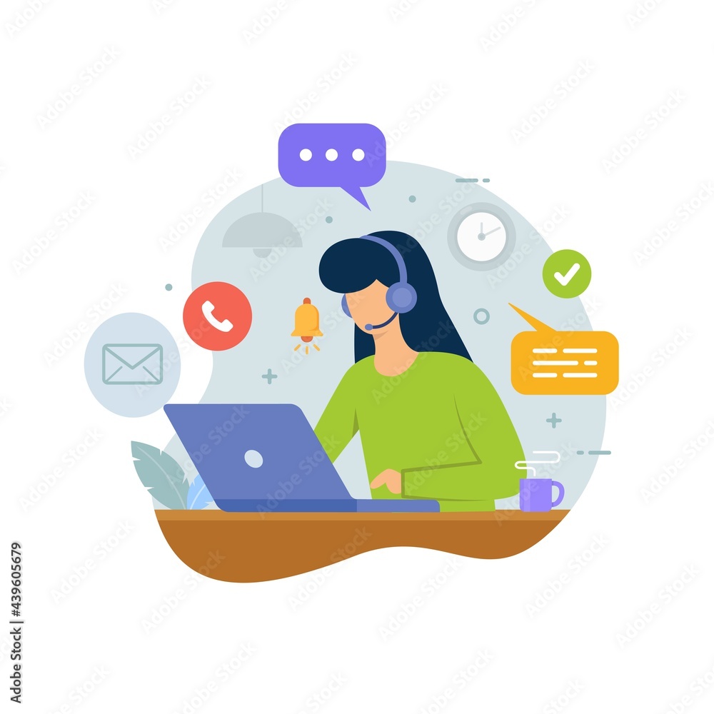 Customer service call center with people using headphones and laptop for support customer vector illustration Customer service call center with people using headphones and laptop for support customer vector illustration
