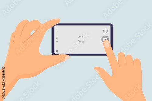 Taking photo with mobile phone device. Finger touching smartphone screen to take picture vector illustration