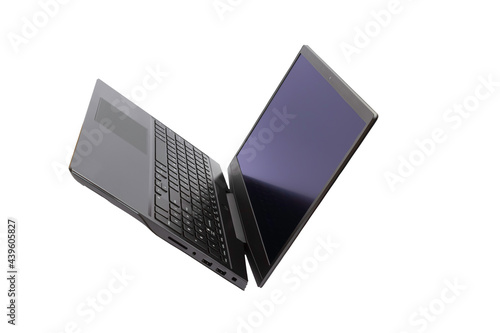 Half open laptop on white background, laptop isolate